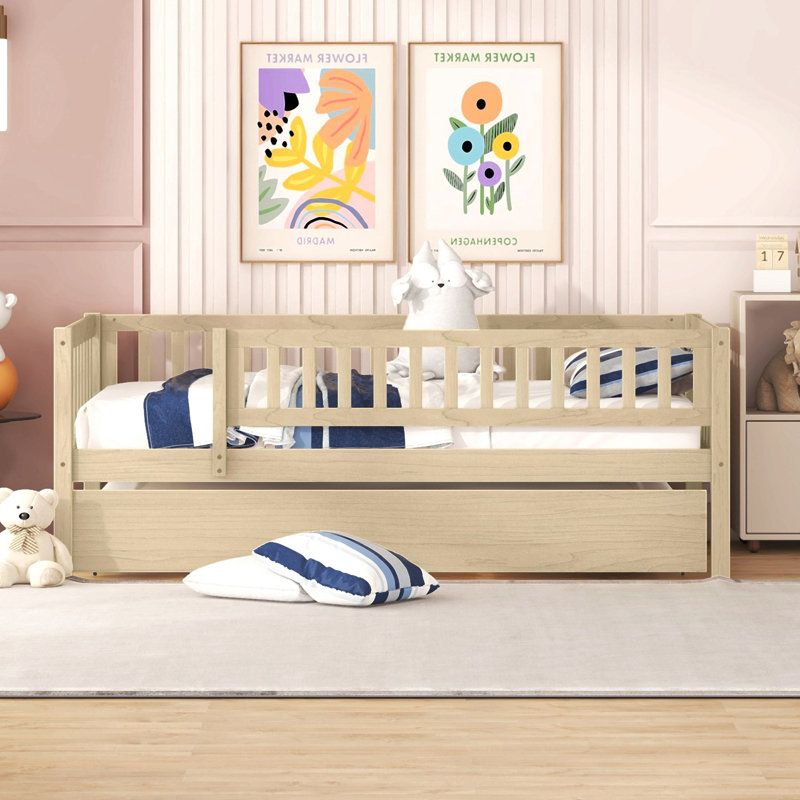 Wood Daybed With Trundle And Fence Guardrails, Natural, Twin