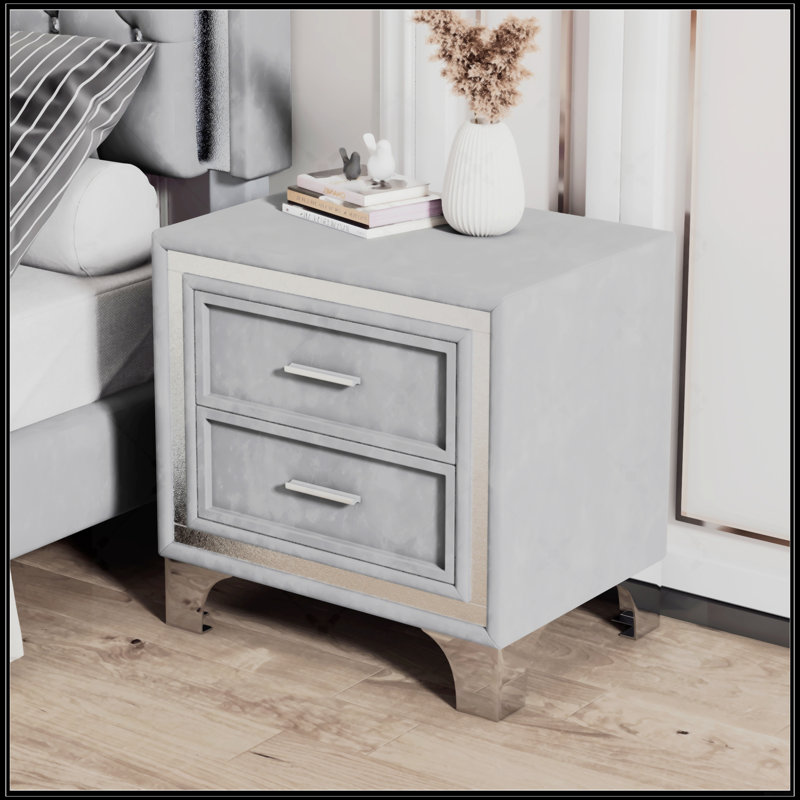 Table de chevet 2 tiroirs avec pieds en métal pour la chambre à coucher, Gris