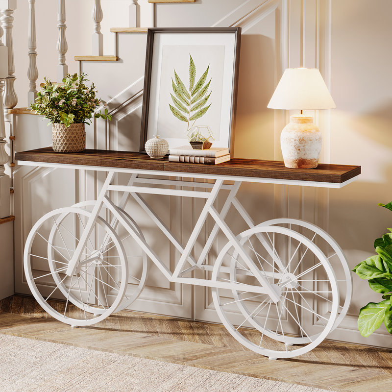 70.9'' Extra Long Console Table with Bicycle Base, Narrow Sofa Table Industrial Entryway Table, Rustic Brown, White