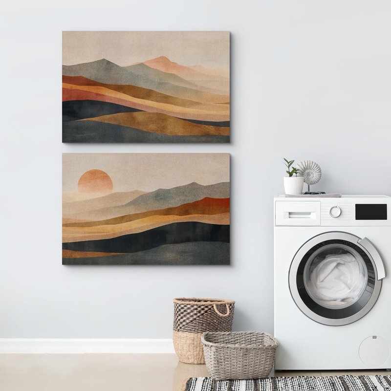 Sun Mountain Landscape " Earthen Hues Abstract Sun Mountain Rustic " 2 - Pieces, 24" H x 36" W, Wrapped Canvas