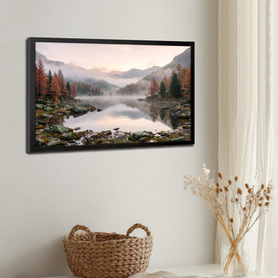 Toile noire encadrée en bois noir pour salon, chambre à coucher, bureau ou vestibule - décoration murale décorative avec lac de montagne