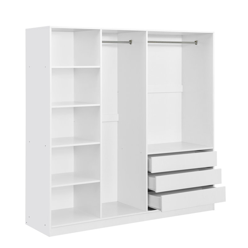 Doorless Wooden Storage Wardrobe For Dedroom With Shelves And 3 Drawers, White