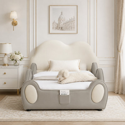 Cute Cloud Shape PU Leather Kids Bed with Guardrails, Safety Toddler Bed
