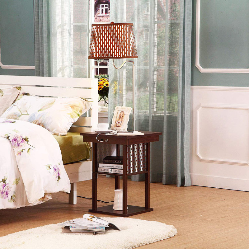 Modern Drum End Table With USB Charging And Ceramic Shade, Brown, Brown