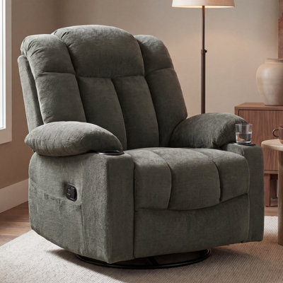 Compact Chenille Recliner Chair with Swivel Base and Cup Holders