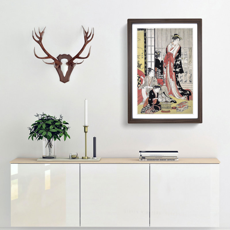 Interior of a Home by Torii Kiyonaga - Picture Frame Painting Print, 48cm H x 36cm W x 2cm D, Walnut Framed