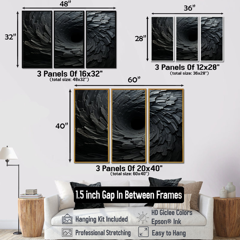 «Black Spiraling Fractal Spiral», art mural abstrait en spirale, H 28 po x l 36 po x P 1 po, Cadre flottant brun