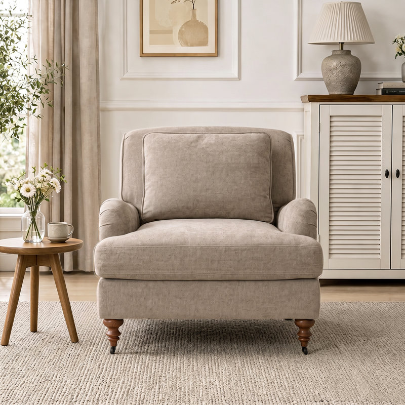 Fauteuil d'appoint en bois rembourré English Classic, Beige, 1, 29" W x 35" D x 33" H