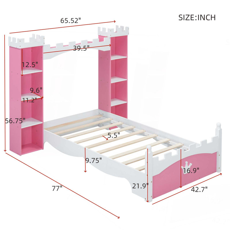 Castle-Shaped Wooden Bed with Storage Shelf, Dreamy Twin Size Platform Bed for Kids Bedroom, Pink/White