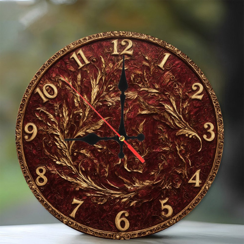 Horloge rouge avec feuilles dorées