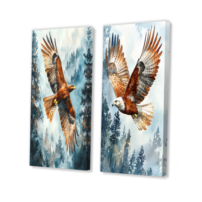 Aigle brun en vol I - animaux, art mural 2 pièces, Toile tendue, H 28 po x l 25 po