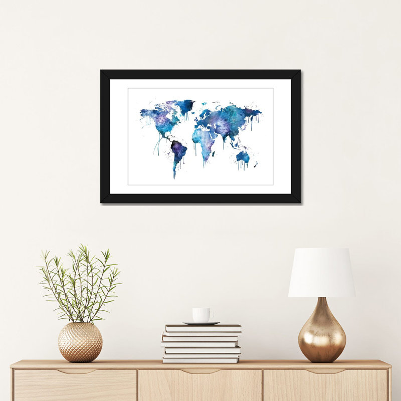 « aquarelle map of the world map, blues & mauves » par michael tompsett, impression sur toile, H 16 po x l 24 po x P 1 po