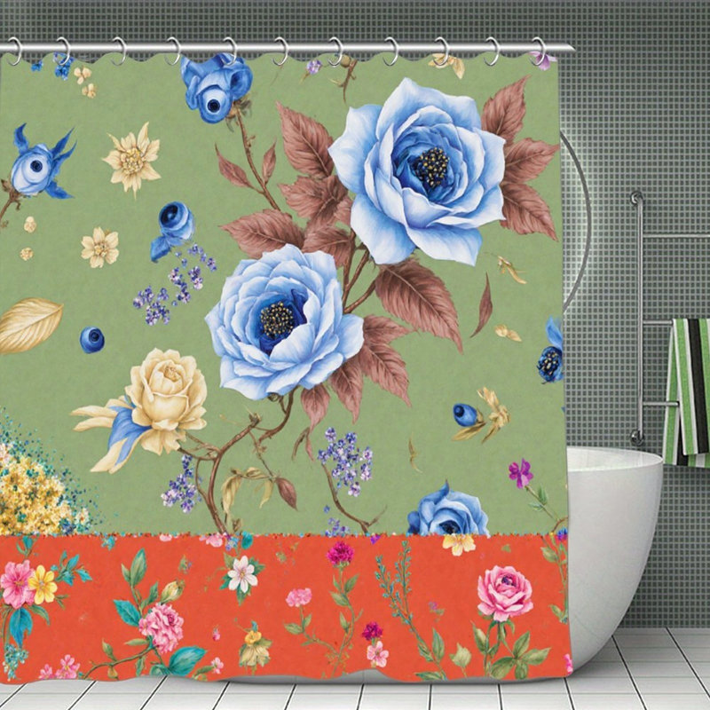 Rideaux de douche bleus et verts à motif floral, 71 x 71