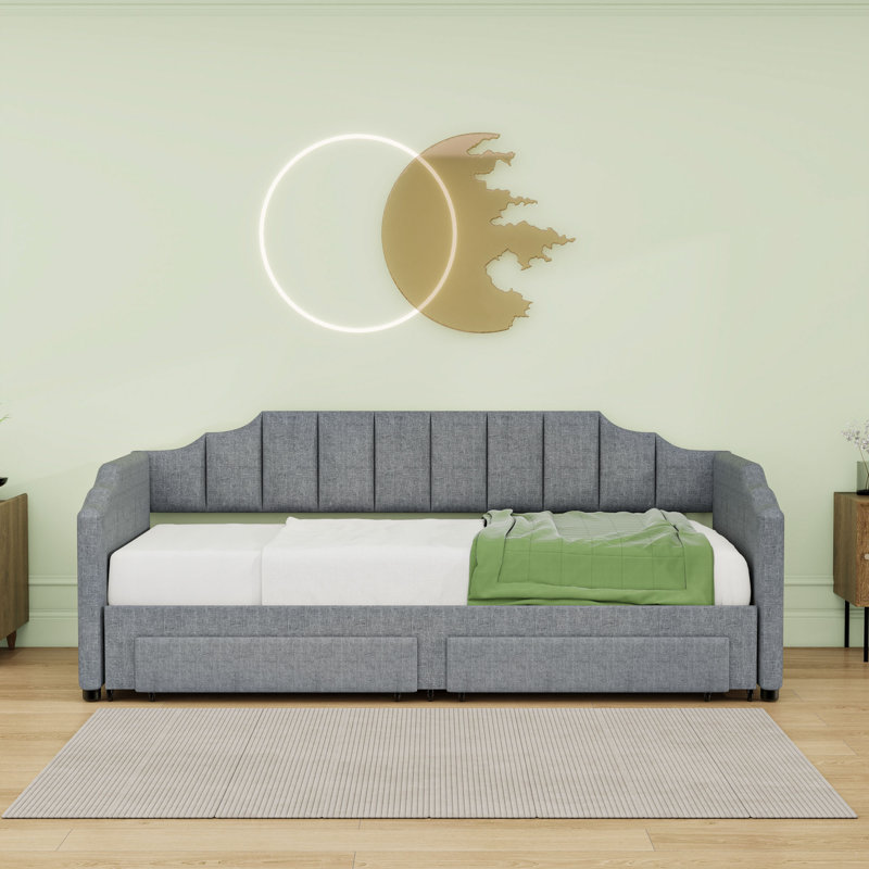 Twin XL to King Upholstered Daybed with Two Storage Drawers, LED Light and Trundle, Gray