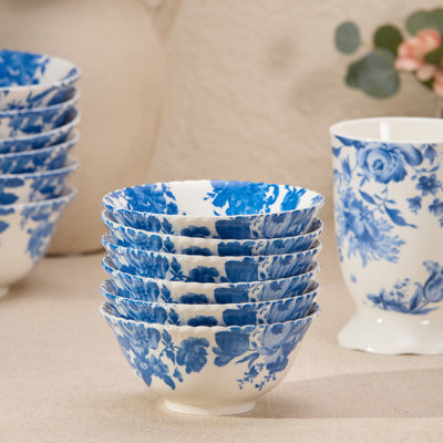 Gabrielle Blue Porcelain All Purpose Bowl Set of 6, 4.75‑inch assorted scalloped floral toile bowls with interior artwork, elegant blue and white tableware for snacks, sides, desserts