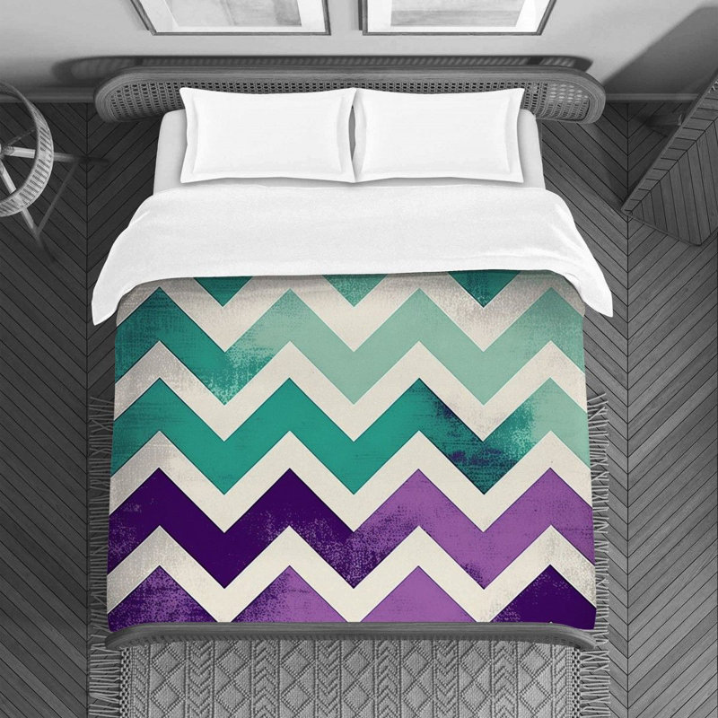Housse de couette à chevrons, Housse de couette pour grand lit, Mauve / turquoise