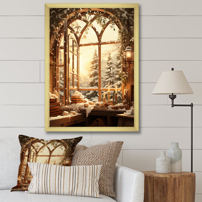 «Christmas Winter Window View I - Winter Landscape», impressions sur toile, H 44 po x l 34 po x P 1,5 po, Cadre doré simple