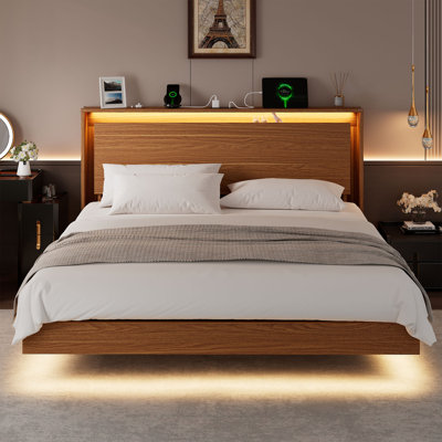 Einhomn Queen Size Floating Bed Frame With Storage Headboard & Charging Station, Wood Platform Bed Frame With Led Lights, Noise Free ,no Box Spring Needed，easy To Assemble - Walnut