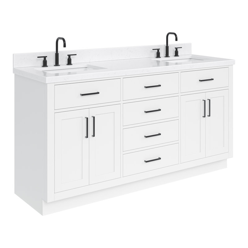 Meuble-lavabo double en bois massif 66 po avec plateau en quartz Carrara de 1,5 po Thornaby, Forme rectangulaire