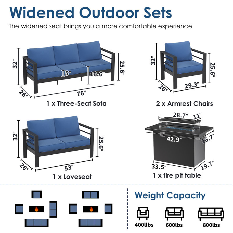 Ensemble de conversation pour 7 personnes avec coussins, Bleu
