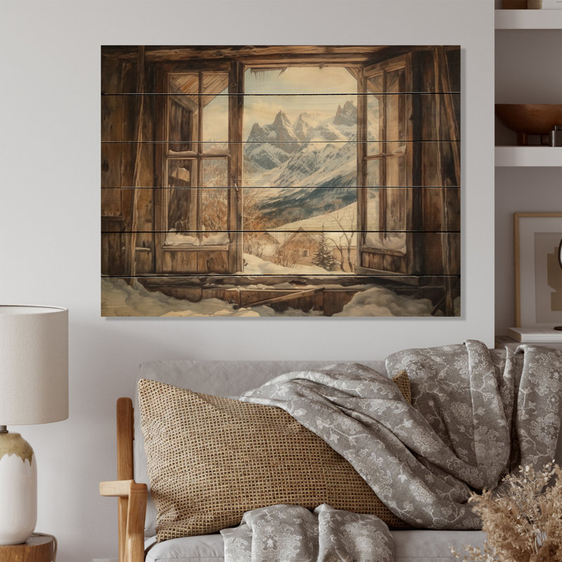 Vue de la fenêtre du chalet des montagnes enneigées sur bois, H 30 po x l 40 po x P 0,78 po