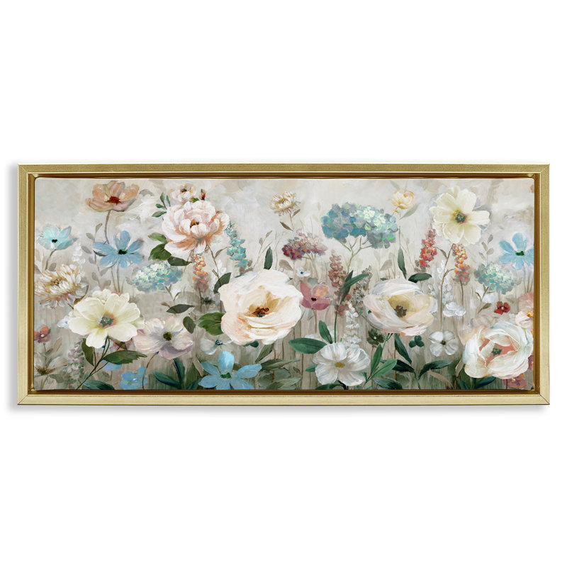Cadre flottant pastel Jardin des pivoines, design par Nan, H 14 po x l 31 po, Cadre flottant métallique doré
