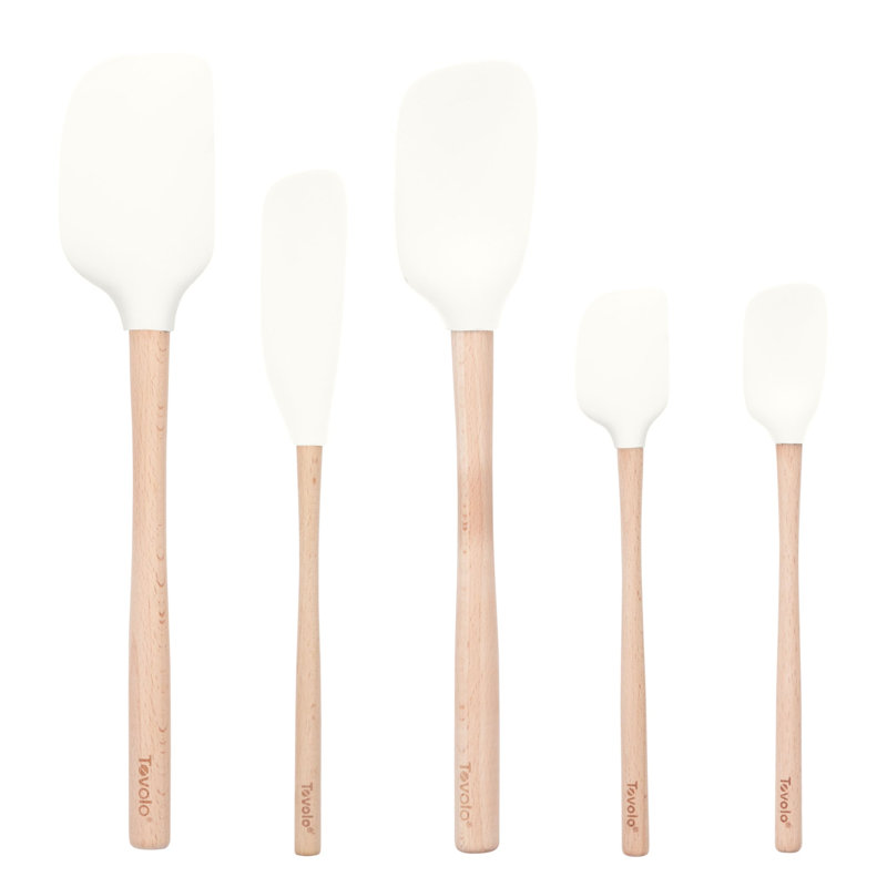 Ensemble de 5 spatules en silicone Tovolo Flex-Core avec poignées en bois naturel pour la cuisson, Blanc