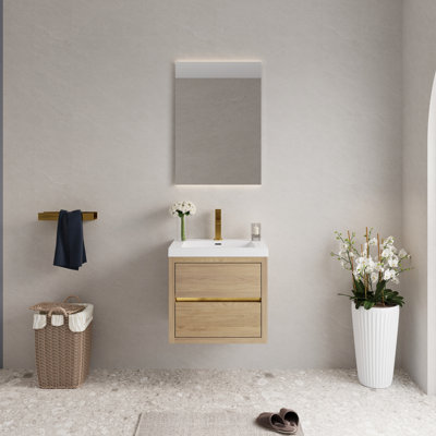 24" Wall - Mounted Bathroom Vanity With Stone Resin Sink And Soft Close Drawer Hardware, Fully Built Engineered Wood In Oak Color, Ample Storage For Toiletries, 22.46 Product Height, 31.5 Package