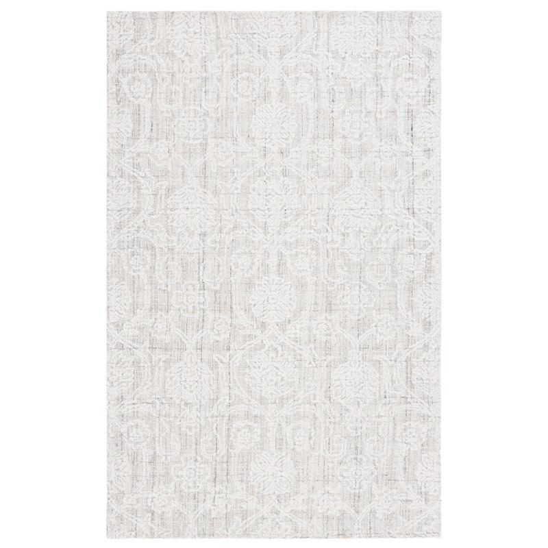 Tapis damassé en laine et coton ivoire / gris touffeté à la main Grayci, Rectangle de 5 pi x 8 pi