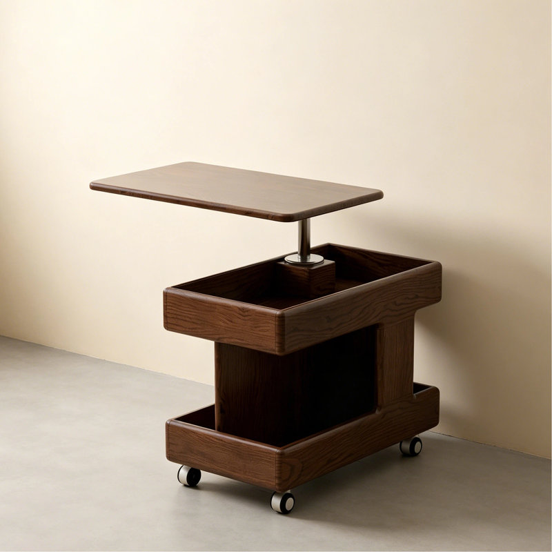 Mobile Solid Oak Lift Top End Table with Storage and Wheels, Brown Oak