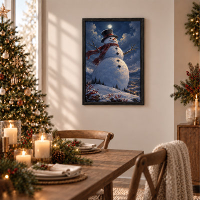 Impression sur toile géante, bonhomme de neige avec foulard rouge sous la pleine lune
