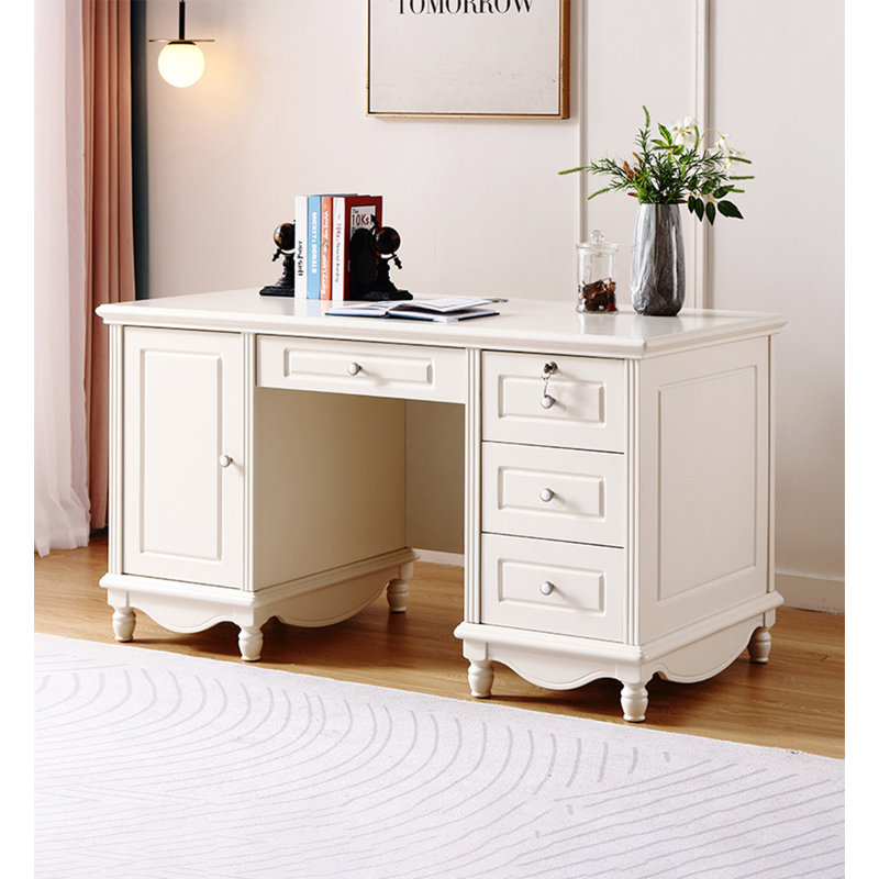 Bureau blanc élégant avec quatre tiroirs et armoire intégrée