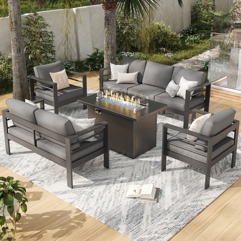 7 - Person Outdoor Seating Group With Cushions, Gray/Dark Gray
