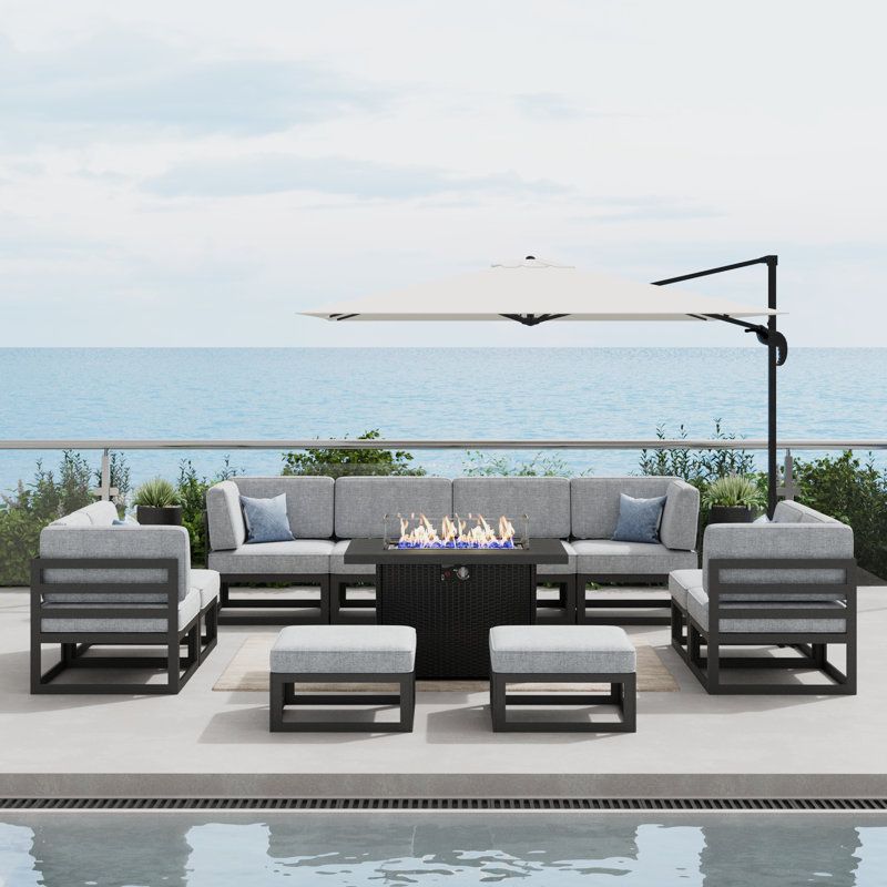 Layinsun Modern Aluminum Outdoor Modular Ottomans (set Of 2), Light Grey, Black