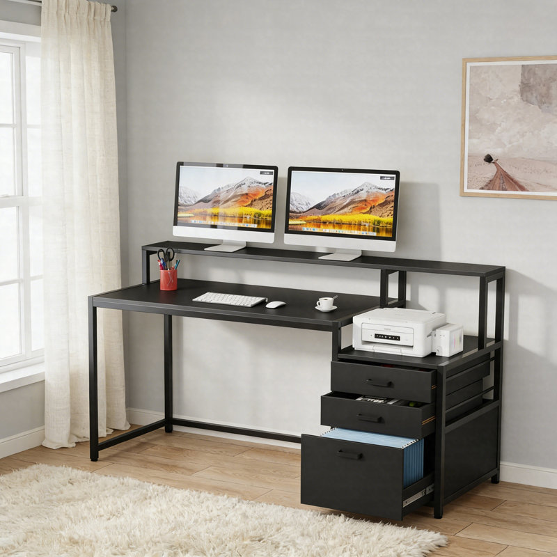 Bureau d'ordinateur ergonomique 63 "- Bureau avec tiroirs et support pour écran, Noir