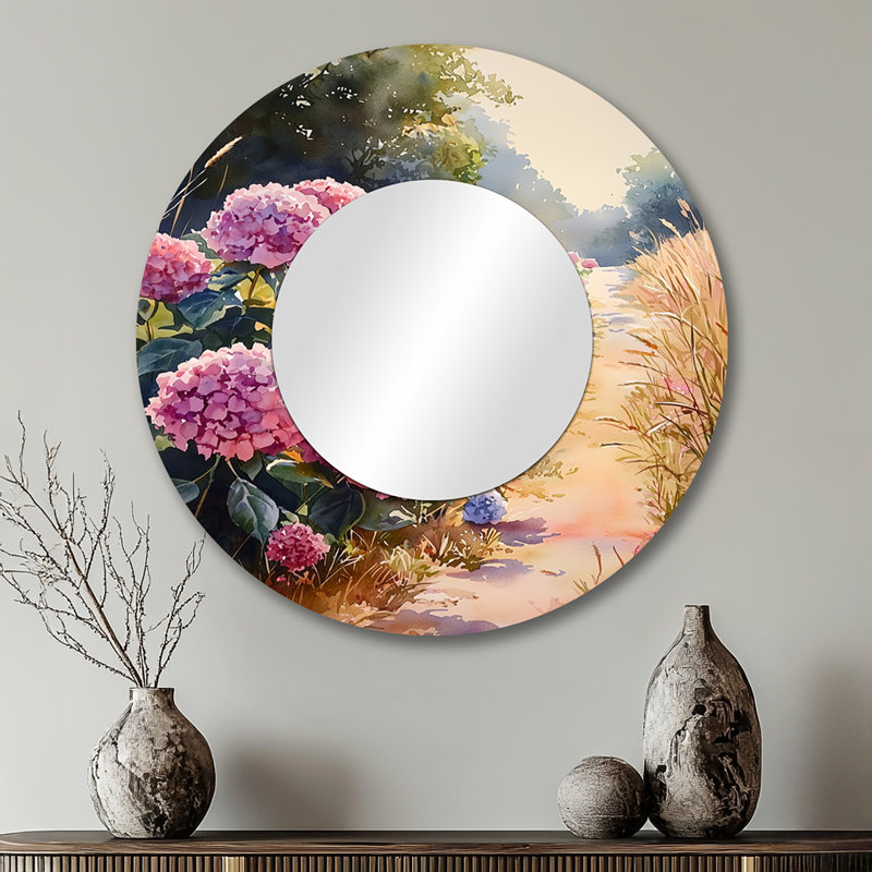 Hydrangeas In A Country Lane I - Miroir floral pour décoration murale - imprimé sur métal, 29 po x 29 po