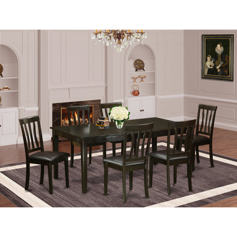 7 Piece Dining Room Furniture Set Consist of a Rectangle Kitchen Table with Pedestal and 6 Faux Leather Upholstered Dining Chairs, 42x72 Inch, Cappuccino