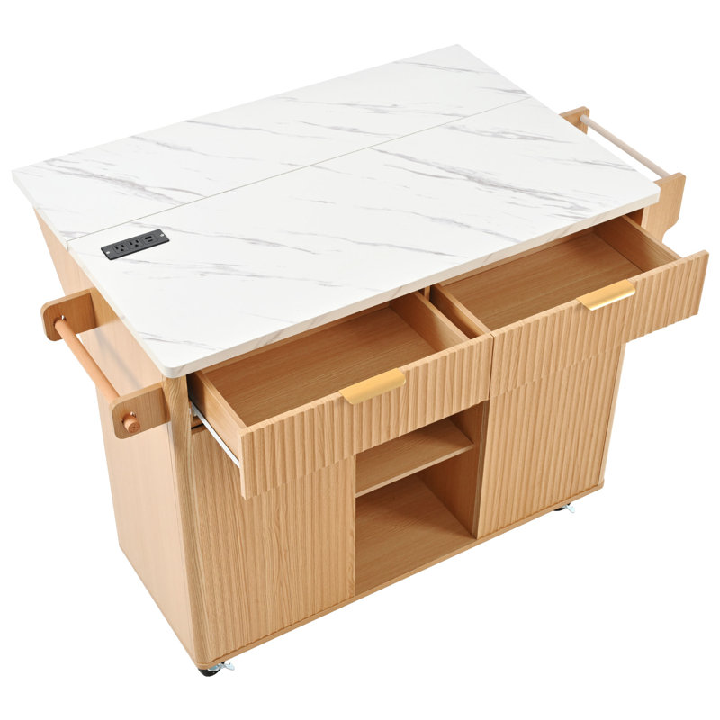 Kitchen Island with Drop Leaf, Power Outlet, Natural