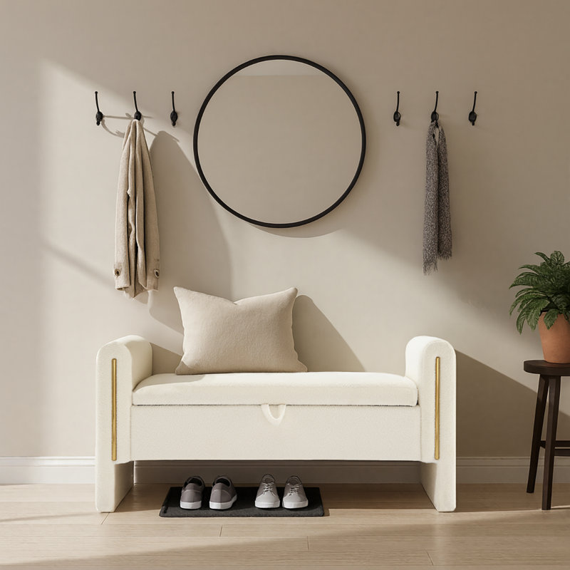 Banc de rangement en tissu Teddy, Crème