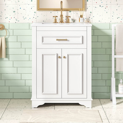 24" Bathroom Vanity with Integrated Ceramic Sink, Bathroom Cabinet with 2 Doors, 1 Tip-Out Drawer, Single Sink Bathroom Vanity for Small and Medium Restroom
