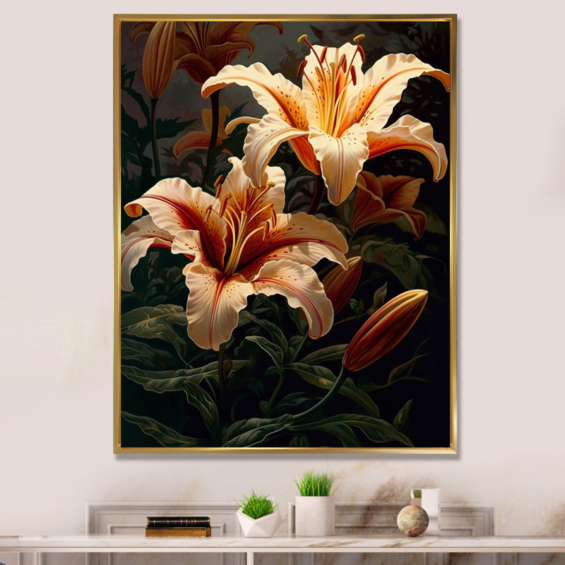 Crème lys artistique II - impression, H 32 po x l 16 po x P 1 po, Cadre flottant doré