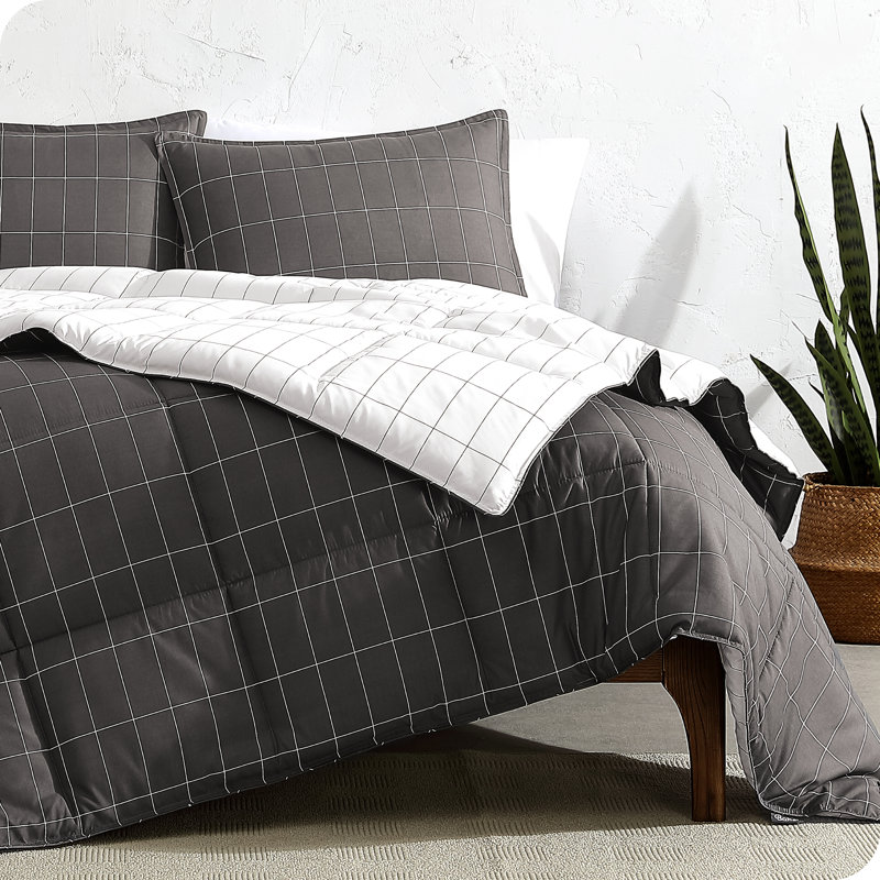 Down Alternative Comforter Set, King Comforter + 2 King Shams, Gray/White - Grid