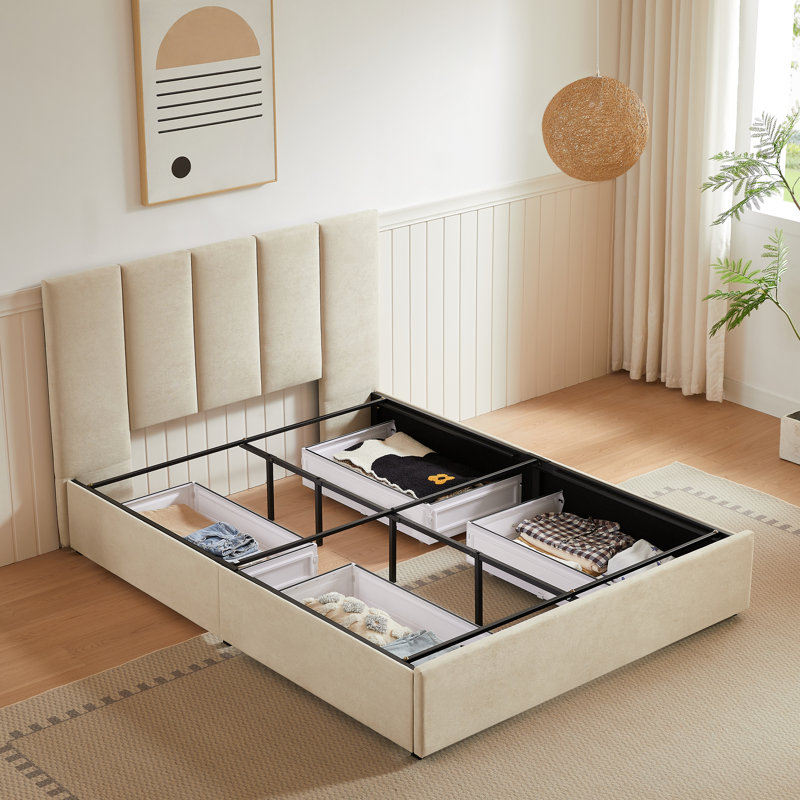 Juanetta Upholstered Platform Storage Bed With 4 Drawers, Beige, Queen