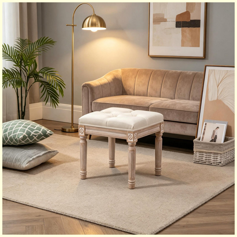 Élégant tabouret d'appoint capitonné, tabouret de meuble-lavabo rembourré avec pieds sculptés