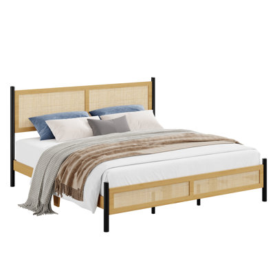 Très grande base de lit plateforme en rotin Boho, tête et pied de lit en osier tissé à la main, lattes en bois, rangement sous le lit, conception silencieuse et configuration simple - bois naturel