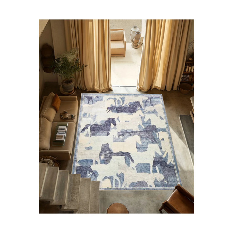 Blue Beige Themed Abstract Horse Patterned Modern Decorative Carpet, Round 5'