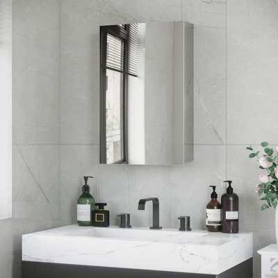 Armoire à pharmacie murale avec miroir, armoire de salle de bain à miroir murale avec porte à charnière, tablettes de rangement pour le salon et la salle de lavage, 15 po x 24 po, argent