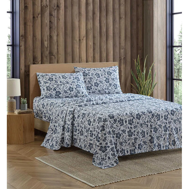 Shasta Lake Cotton Percale Standard Sheet Set, King Sheet Set with 2 Pillowcases, Woodblock Floral Blue