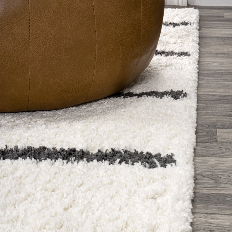 Colline Berber Stripe Shag White/Gray Rug, Rectangle 7'9" x 10'