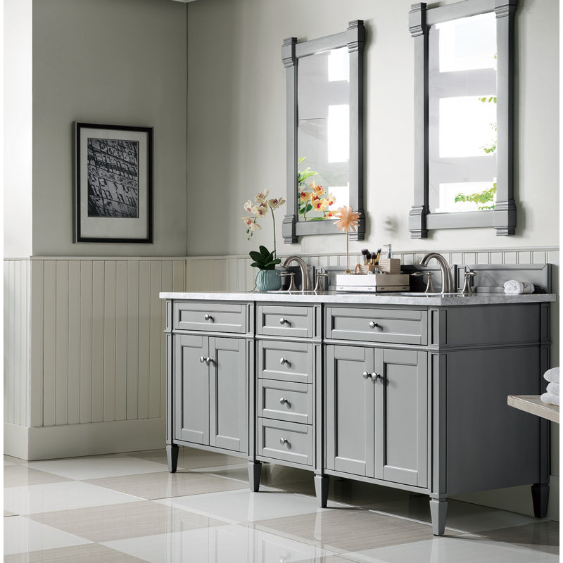 Meuble-lavabo double l 72 po Dussault, Gris urbain, Blanc de Carrare, 8 po